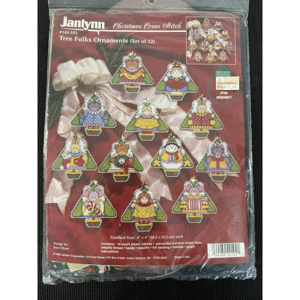 Janlynn Christmas Cross Stitch Tree Folk Ornaments Set of 12 Kit #140-102